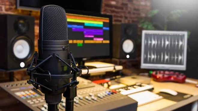 condenser microphone in digital sound editing & recording studio