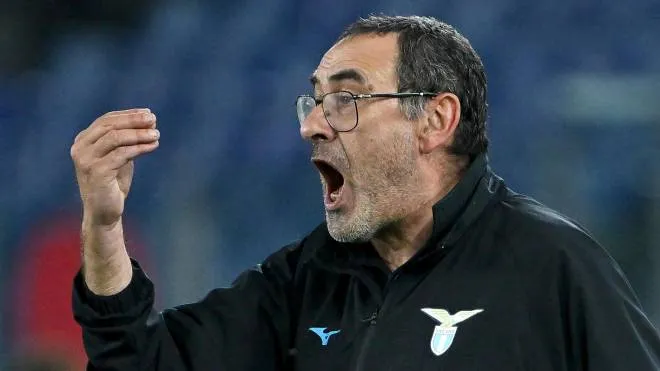 SS Lazio's head coach Maurizio Sarri reacts during the UEFA Conference League round of 16 first leg soccer match between SS Lazio and AZ Alkmaar at Olimpico stadium in Rome, Italy, 07 March 2023.  ANSA/ETTORE FERRARI