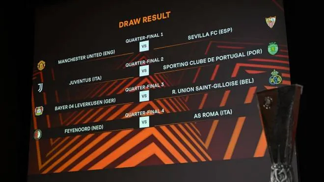 This photograph shows the draw result for the quarter-final of the 2022-2023 UEFA Europa League football tournament, in Nyon, on March 17, 2023. (Photo by Fabrice COFFRINI / AFP)