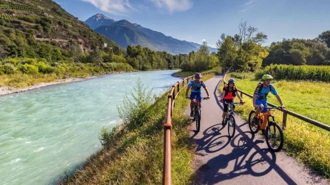 Cicloturisti sul Sentiero Valtellina Si tratta di 114 chilometri che collegano Colico e Bormio in Lombardia fino ai piedi di sua maestà lo Stelvio Le piste ciclabili continuano a migliorare i loro servizi