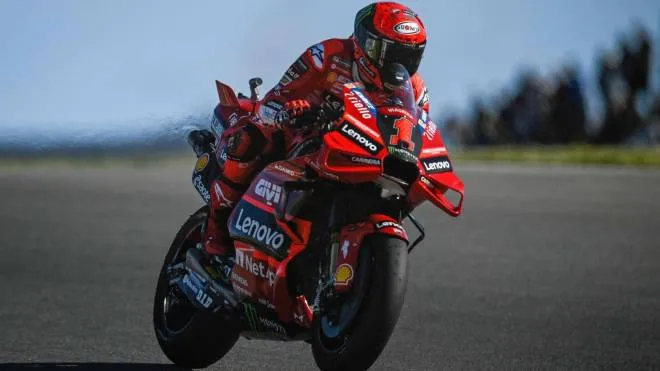 Ducati Italian rider Francesco Bagnaia rides during the warm-up before the MotoGP race of the Portuguese Grand Prix at the Algarve International Circuit in Portimao, on March 26, 2023. (Photo by PATRICIA DE MELO MOREIRA / AFP)