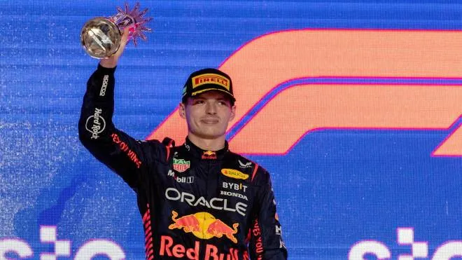epa10532734 Second placed Dutch driver Max Verstappen of Red Bull Racing during the podium ceremony for the Formula One Grand Prix of Saudi Arabia at the Jeddah Corniche Circuit, Saudi Arabia, 19 March 2023.  EPA/STR