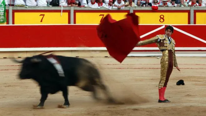A slow exposure shows Spanish bullfighter Sebastian Castella  during the Fiesta de San Fermin in Pamplona, Spain.  ANSA/JIM HOLLANDER