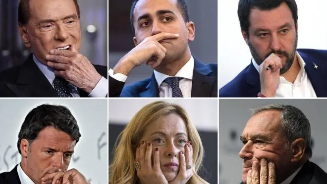 Dall'alto a sinistra Silvio Berlusconi, Luigi Di Maio, Matteo Salvini, Matteo renzi, Giorgia Meloni e Pietro Grasso, Roma 3 marzo 2018 ANSA