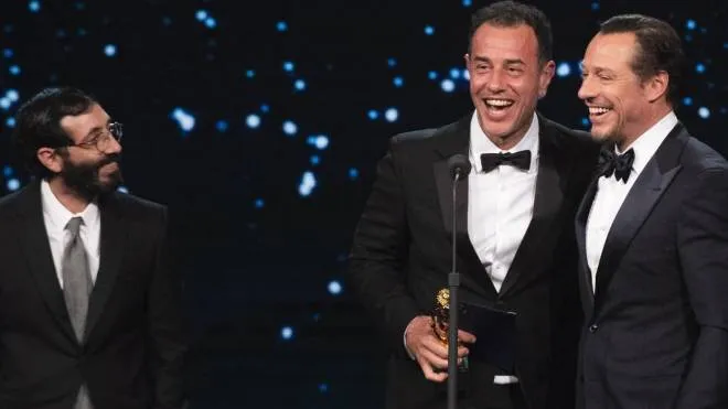 (L-R) Italian actor Marcello Fonte, Italian film director Matteo Garrone and Italian actor Stefano Accorsi on stage in the occasion of the 64th edition of the ?David di Donatello Awards? in Rome, Italy, 27 March 2019. The David di Donatello award is a film prize presented annually to honor the best of Italian and foreign motion picture productions.
ANSA/CLAUDIO PERI