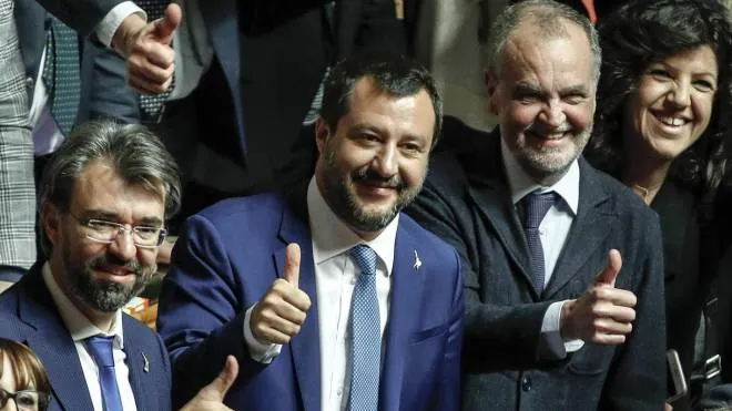 Interior Minister Matteo Salvini gestures during the final approval to the government's law expanding the right to legitimate self defence at the Upper House, Rome, 28 March 2019. ANSA/GIUSEPPE LAMI