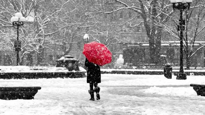Woman with red umbrella walking through black and white landscape during noreaster snow storm in Washington Square Park, New York City