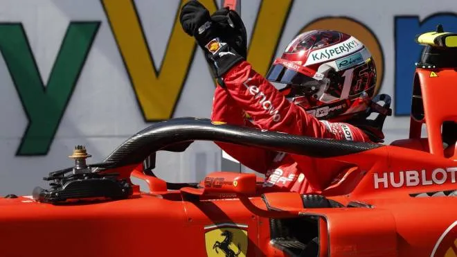 epa07682833 Monaco's Formula One driver Charles Leclerc of Scuderia Ferrari reacts after taking the pole position during the qualifying session of the Austrian Formula One GP at the Red Bull Ring circuit in Spielberg, Austria, 29 June 2019. The 2019 Formula One Grand Prix of Austria will take place on 30 June.  EPA/VALDRIN XHEMAJ