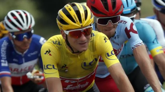 Italy's Giulio Ciccone wearing the overall leader's yellow jersey rides in the pack during the seventh stage of the Tour de France cycling race over 230 kilometers (142,9 miles) with start in Belfort and finish in Chalon sur Saone, France, Friday, July 12, 2019. (ANSA/AP Photo/Thibault Camus) [CopyrightNotice: Copyright 2019 The Associated Press. All rights reserved]