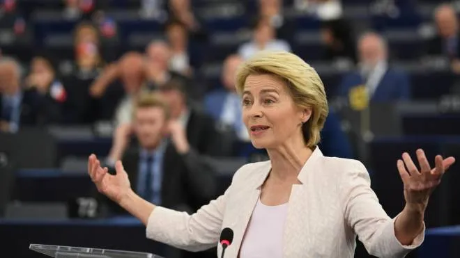 epa07719767 German Defense Minister Ursula von der Leyen and nominated President of the European Commission delivers her statement at the European Parliament in Strasbourg, France, 16 July 2019.  EPA/PATRICK SEEGER