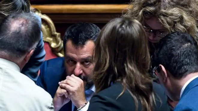 Il vicepremier e ministro dell'Interno Matteo Salvini in aula al Senato al termine del voto di mozioni sul Treno ad Alta Velocità Torino-Lione (Tav), Roma, 07 agosto 2019. ANSA/ANGELO CARCONI