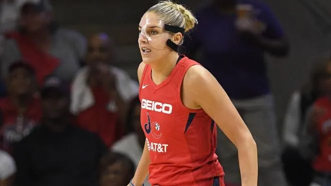 Washington Mystics forward Elena Delle Donne stands on the court in the first half of Game 2 of basketball's WNBA Finals against the Connecticut Sun, Tuesday, Oct. 1, 2019, in Washington. (ANSA/AP Photo/Nick Wass) [CopyrightNotice: Copyright 2019 The Associated Press. All rights reserved]