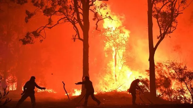 epaselect epa08042705 Firefighters work to contain a fire as it encroaches on properties near Termeil, New South Wales, Australia, 03 December 2019 (issued 04 December 2019). According to media reports, more than 100 fires were burning across the state of New South Wales on 03 December, with more than 50 of them still uncontained.  EPA/DEAN LEWINS  AUSTRALIA AND NEW ZEALAND OUT