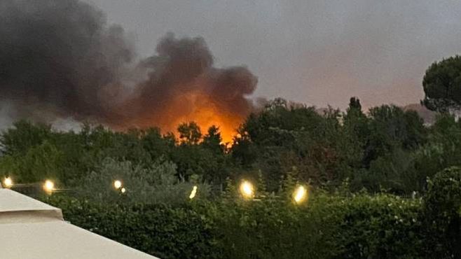 Il vasto incendio divampato dietro la città militare della Cecchignola, Roma (Ansa)