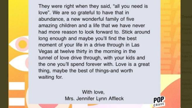 Pop Crave shows the latest newsletter to J. Lo fans: Mrs. Jennifer Lynn Affleck signs herself