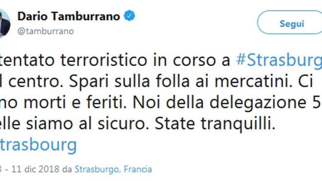 Il tweet dell'europarlamentare del M5s Dario Tamburrano (Ansa)