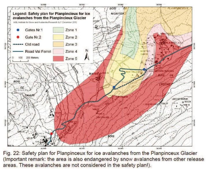 La planimetria delle zone interessate da un'eventuale caduta della porzione di ghiacciaio Planpincieux a  Courmayeur (Ansa)