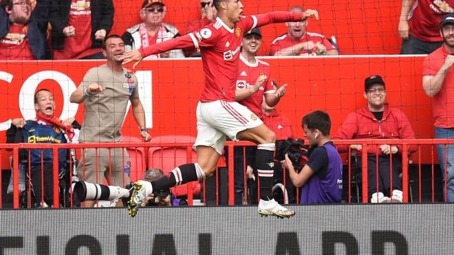 Cristiano Ronaldo, subito doppietta nel suo match di ritorno al Manchester United (Ansa)