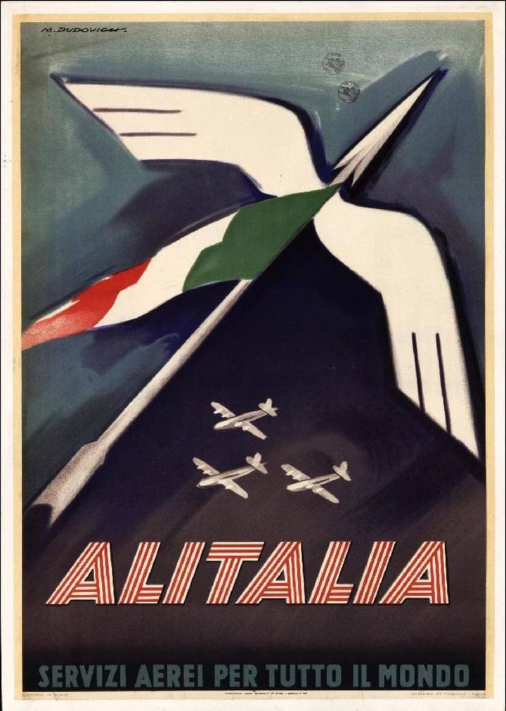 Un manifesto storico diffuso dall'
Alitalia in occasione della celebrazione di 70 anni dal primo volo, partito il 5 maggio 1947