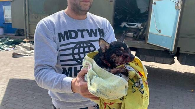 Un uomo con un cane ferito dopo l'attacco alla stazione di Kramatorsk (ANSA)