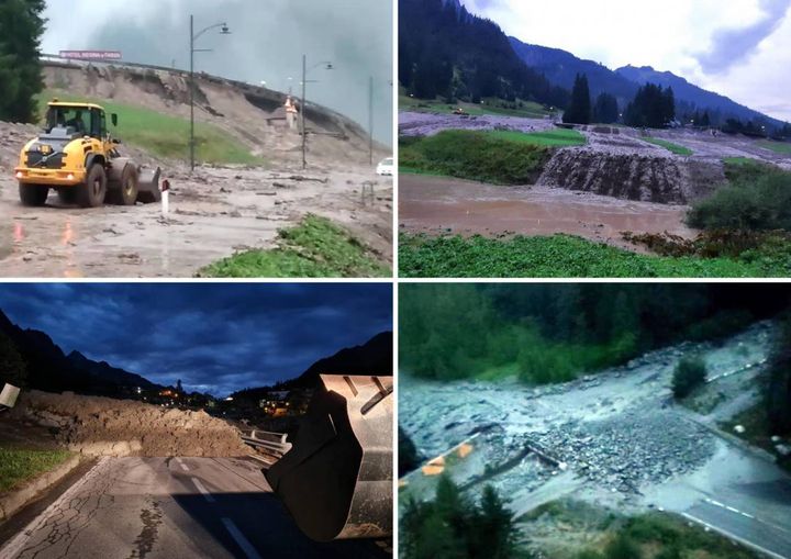 La combo mostra i danni causati dal forte maltempo, da in alto a sinistra in senso orario: Mazzin di Fassa (Trentino), Mazzin di Fassa (Trentino), Val Ferret (Valle d'Aosta), Valpelline (Valle d'Aosta) - Foto Ansa