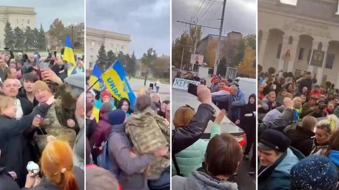I festeggiamenti a Kherson. Immagini tratte dai video postati sui social (Forze armate ucraine/Ansa)