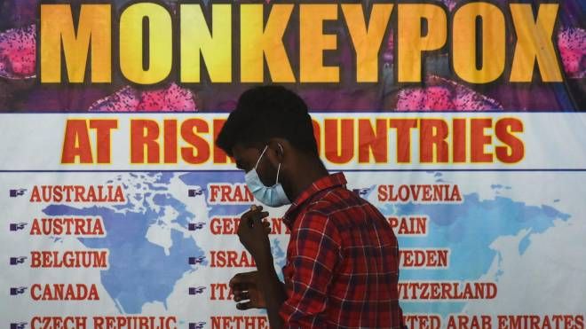 Un cartello con i nomi dei Paesi a rischio per il vaiolo delle scimmie (Ansa)
