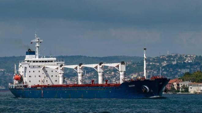 La nave cargo Rezoni con il primo carico di grano partito dall'Ucraina (Ansa)