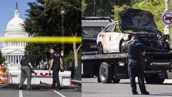 La barriera di Capitol Hill e l'auto bruciata dell'assalitore 