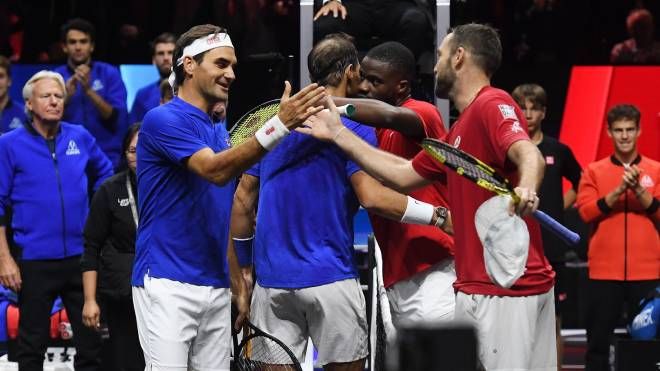 Federer e Nadal si congratulano con Sock e Tiafoe (Ansa)