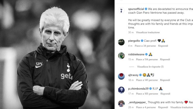 Gian Piero Ventrone, l'omaggio del Tottenham su Instagram 